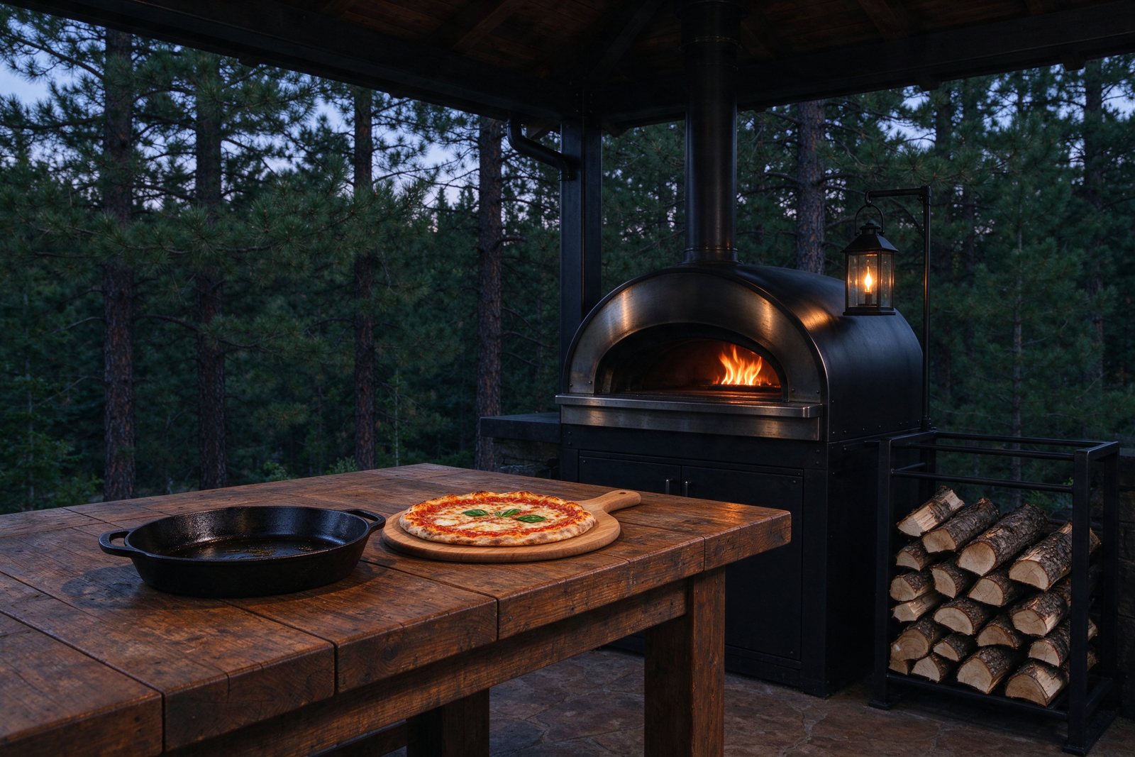 ピザ窯と薪のアウトドアキッチン（AI生成イメージ）