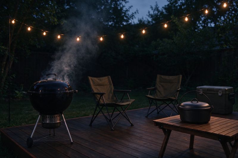 ダッチオーブンとBBQのウッドデッキ（AI生成イメージ）
